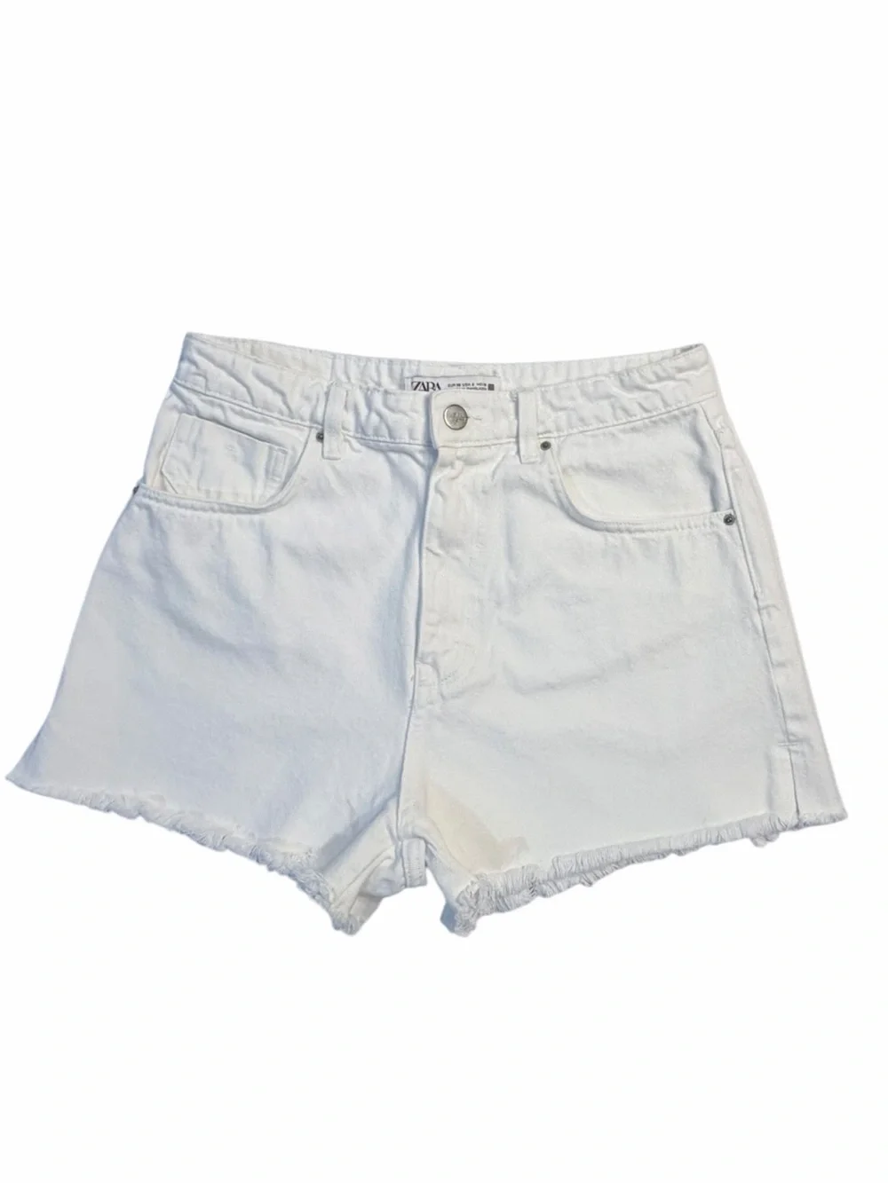 Zara White Frayed-Hem Denim Shorts